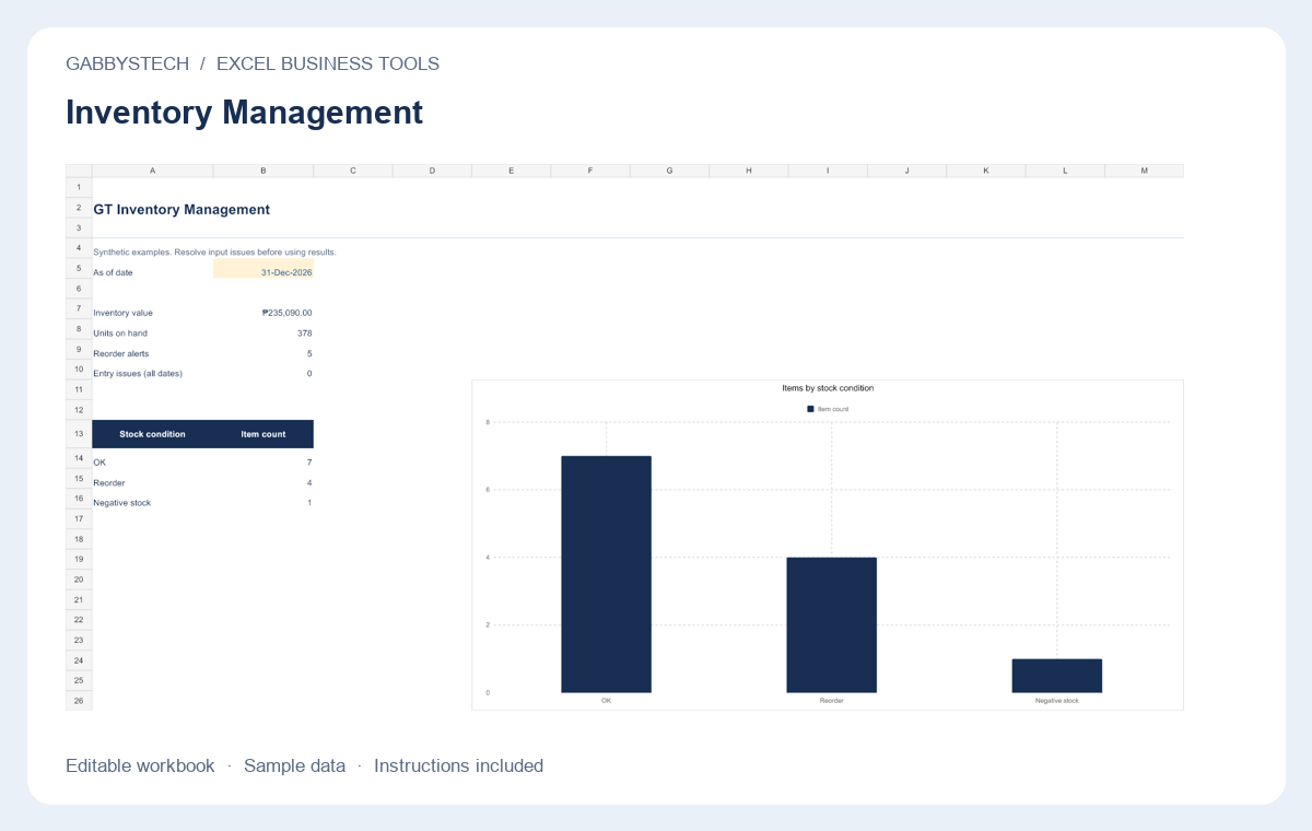 Inventory Management preview with editable sample content