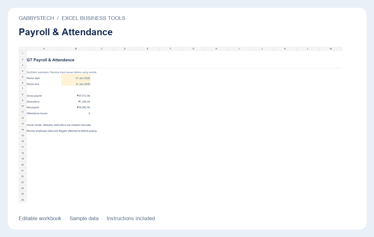 Payroll & Attendance preview with editable sample content