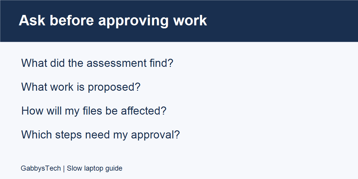 Repair assessment questions about findings, proposed work, files and approval