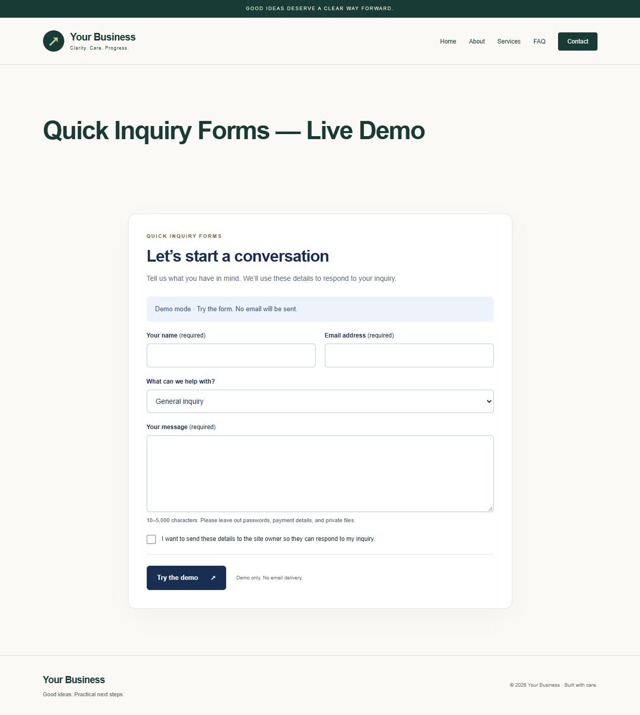 Quick Inquiry Forms preview with editable sample content