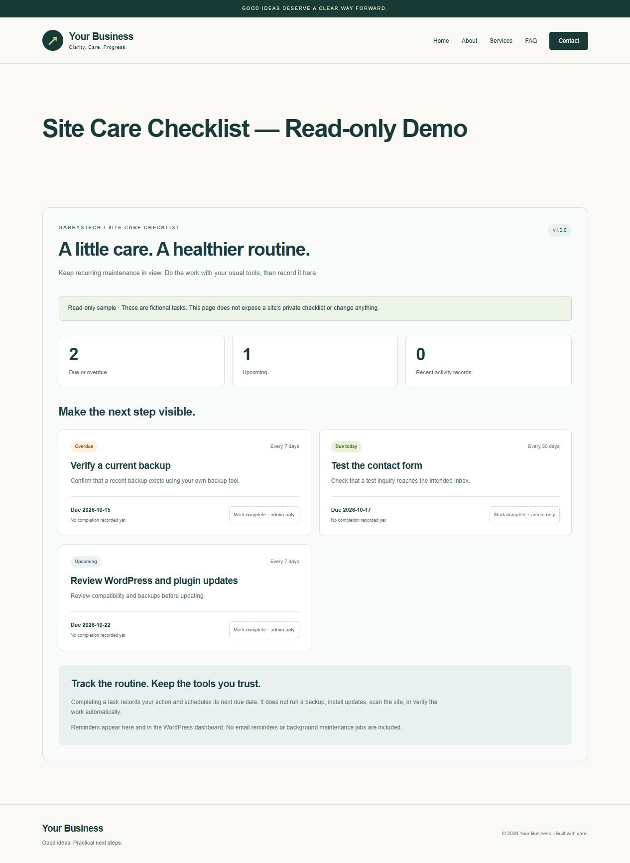 Site Care Checklist preview with editable sample content