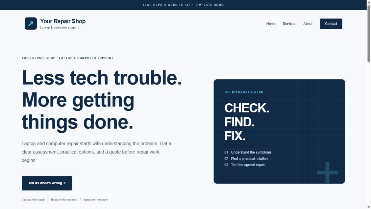 Tech Repair Website Kit preview with editable sample content